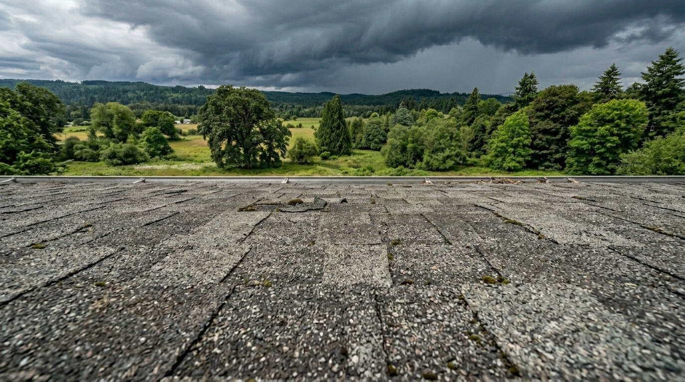 Dark storm clouds over a residential roof, warning of severe weather risks